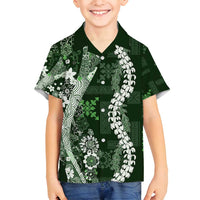 Hawaii Puakenikeni and Maile Lei Family Matching Off Shoulder Short Dress and Hawaiian Shirt Green Japanese Wave Style - Polynesian Pride