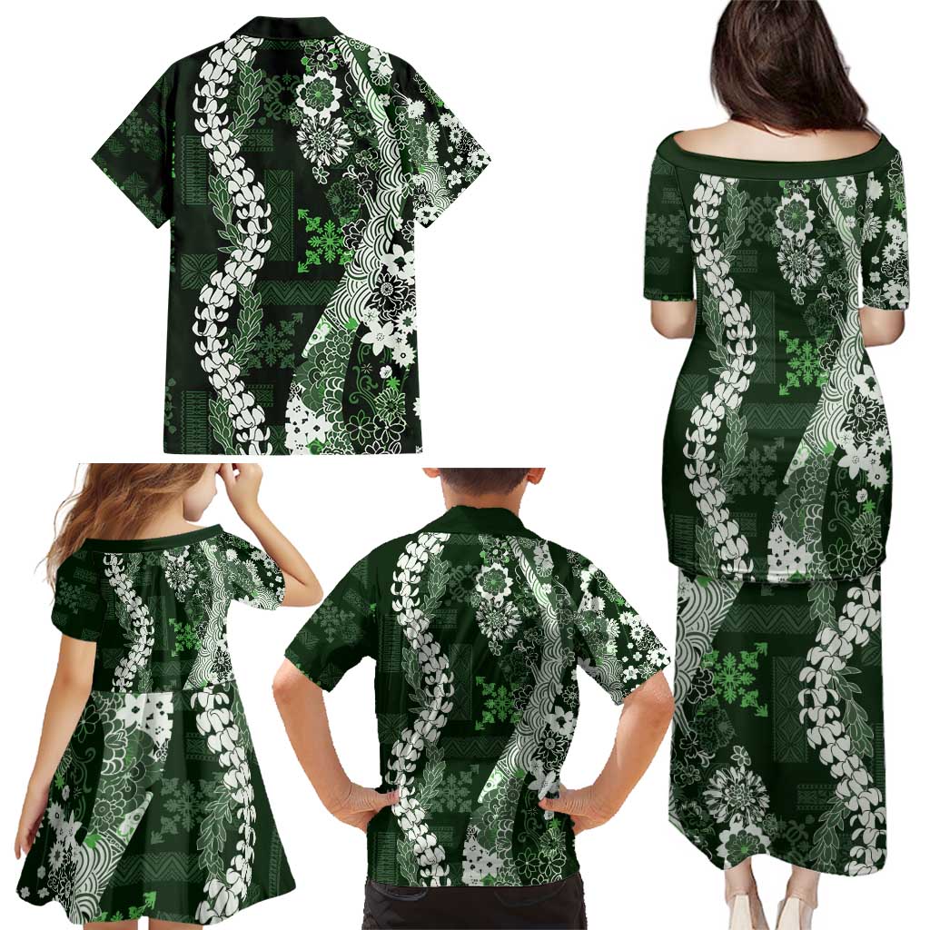 Hawaii Puakenikeni and Maile Lei Family Matching Puletasi and Hawaiian Shirt Green Japanese Wave Style - Polynesian Pride