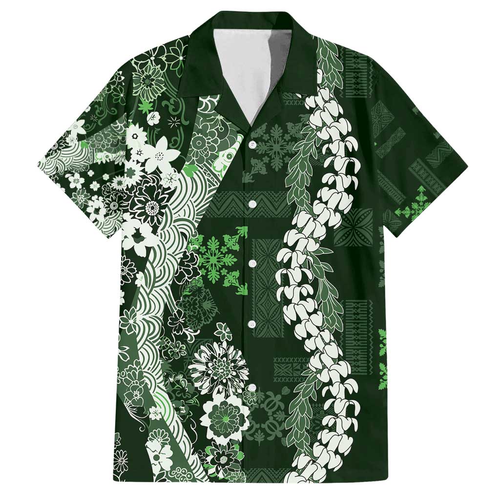 Hawaii Puakenikeni and Maile Lei Family Matching Puletasi and Hawaiian Shirt Green Japanese Wave Style - Polynesian Pride