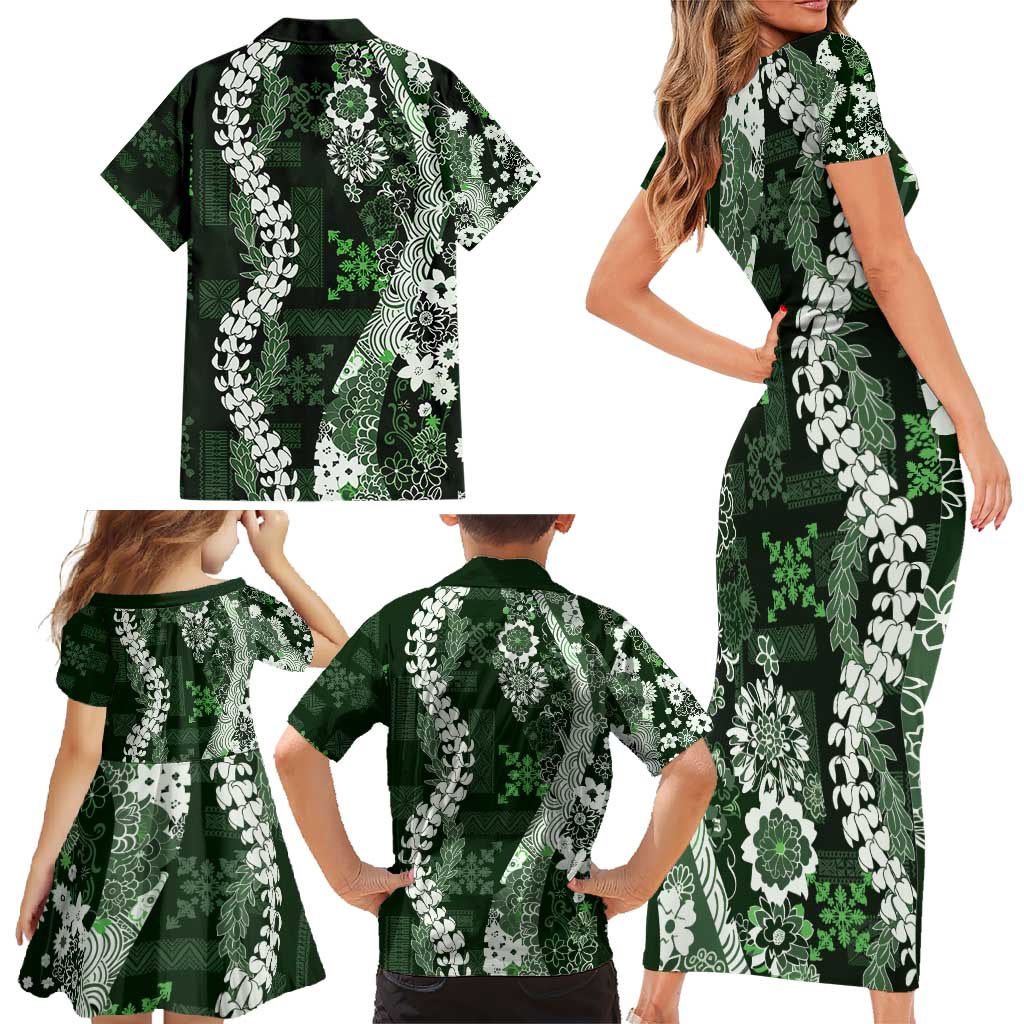 Hawaii Puakenikeni and Maile Lei Family Matching Short Sleeve Bodycon Dress and Hawaiian Shirt Green Japanese Wave Style - Polynesian Pride