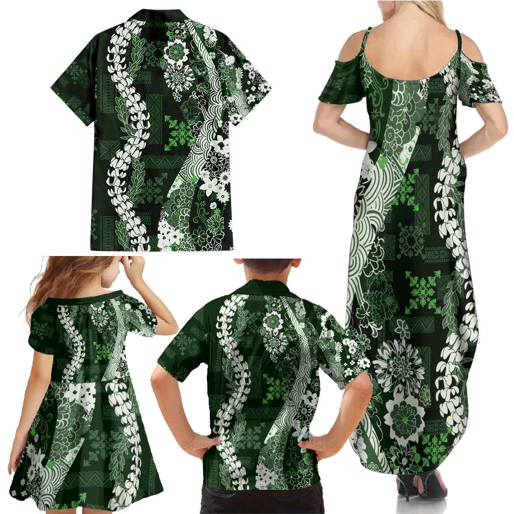 Hawaii Puakenikeni and Maile Lei Family Matching Summer Maxi Dress and Hawaiian Shirt Green Japanese Wave Style - Polynesian Pride