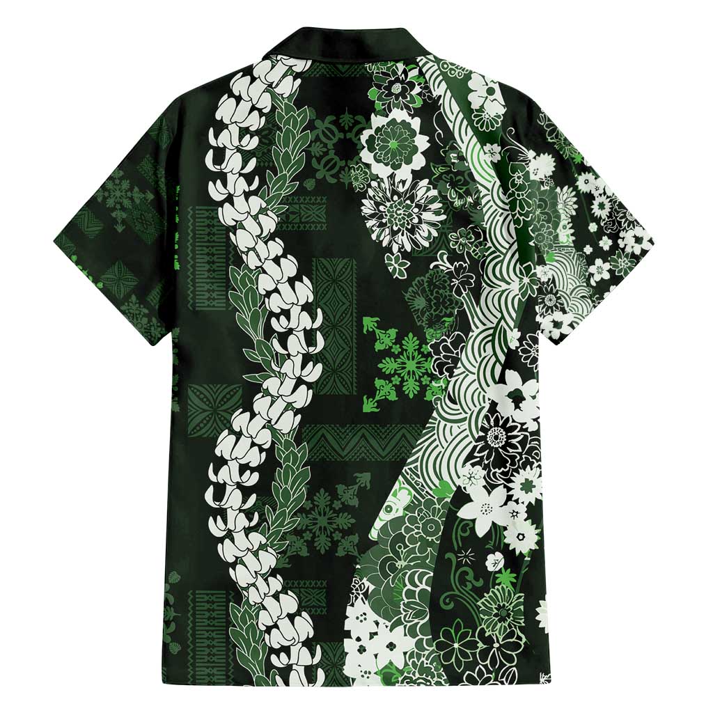 Hawaii Puakenikeni and Maile Lei Family Matching Summer Maxi Dress and Hawaiian Shirt Green Japanese Wave Style - Polynesian Pride
