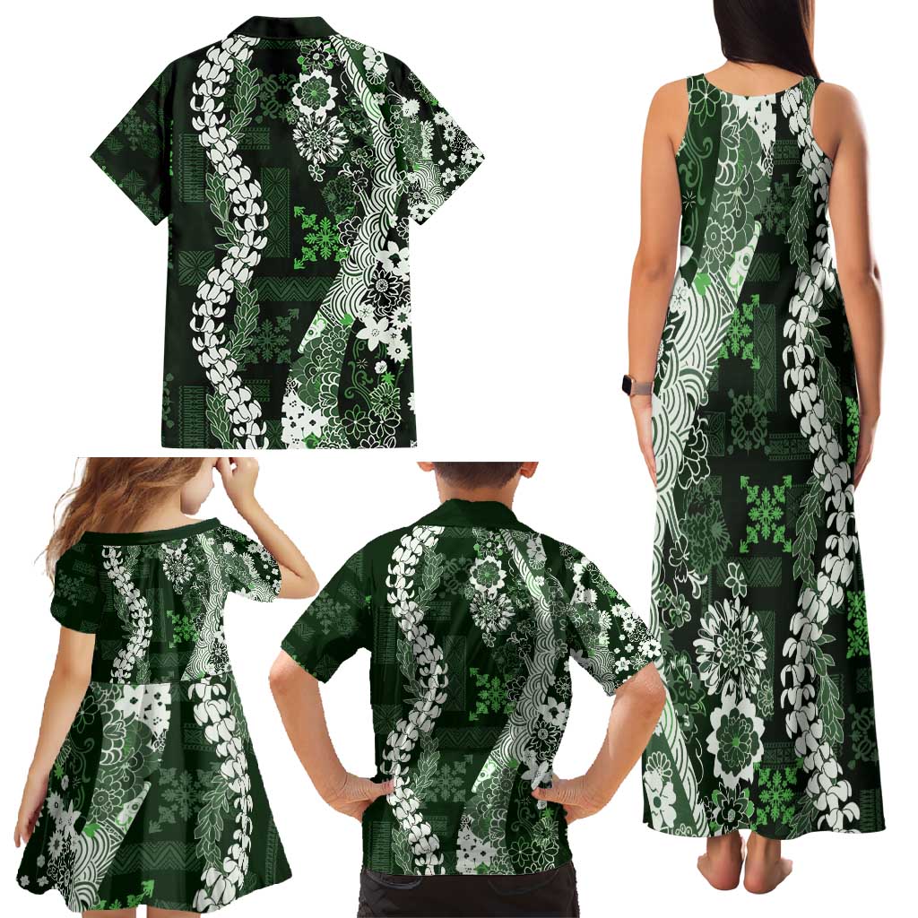 Hawaii Puakenikeni and Maile Lei Family Matching Tank Maxi Dress and Hawaiian Shirt Green Japanese Wave Style - Polynesian Pride