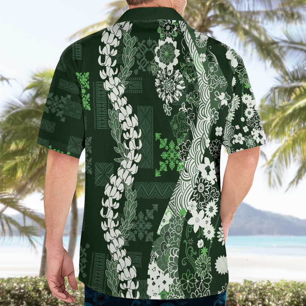 Hawaii Puakenikeni and Maile Lei Hawaiian Shirt Green Japanese Wave Style - Polynesian Pride