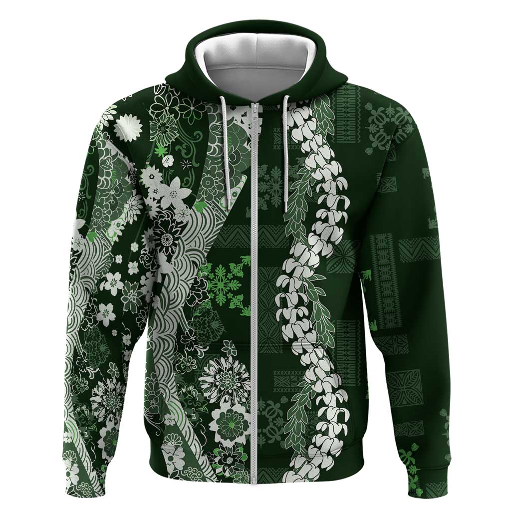 Hawaii Puakenikeni and Maile Lei Hoodie Green Japanese Wave Style - Polynesian Pride