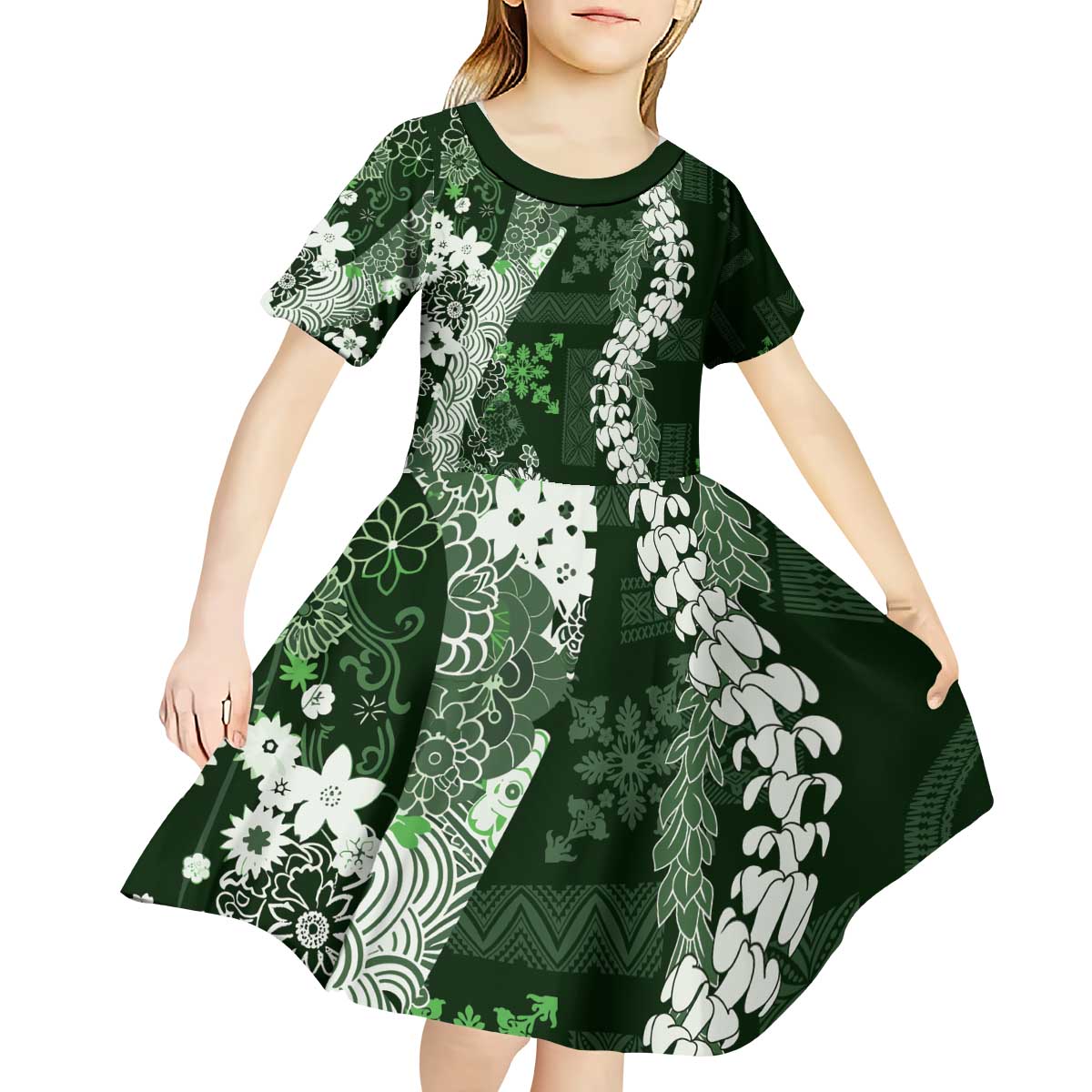 Hawaii Puakenikeni and Maile Lei Kid Short Sleeve Dress Green Japanese Wave Style - Polynesian Pride