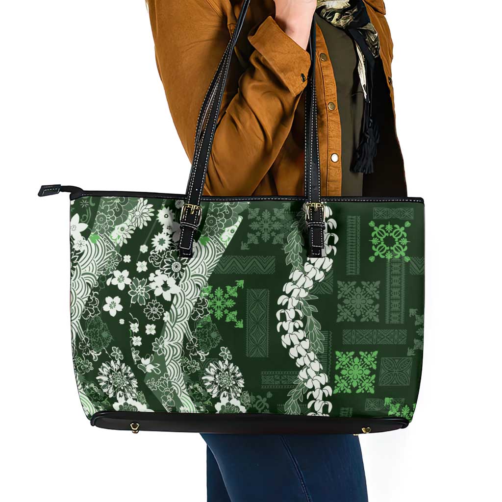 Hawaii Puakenikeni and Maile Lei Leather Tote Bag Green Japanese Wave Style - Polynesian Pride
