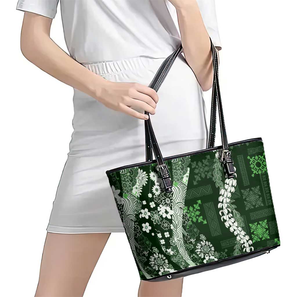 Hawaii Puakenikeni and Maile Lei Leather Tote Bag Green Japanese Wave Style - Polynesian Pride