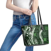 Hawaii Puakenikeni and Maile Lei Leather Tote Bag Green Japanese Wave Style - Polynesian Pride
