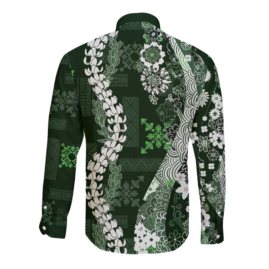 Hawaii Puakenikeni and Maile Lei Long Sleeve Button Shirt Green Japanese Wave Style - Polynesian Pride