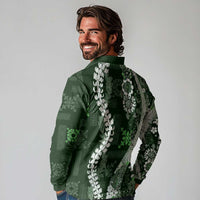 Hawaii Puakenikeni and Maile Lei Long Sleeve Polo Shirt Green Japanese Wave Style - Polynesian Pride