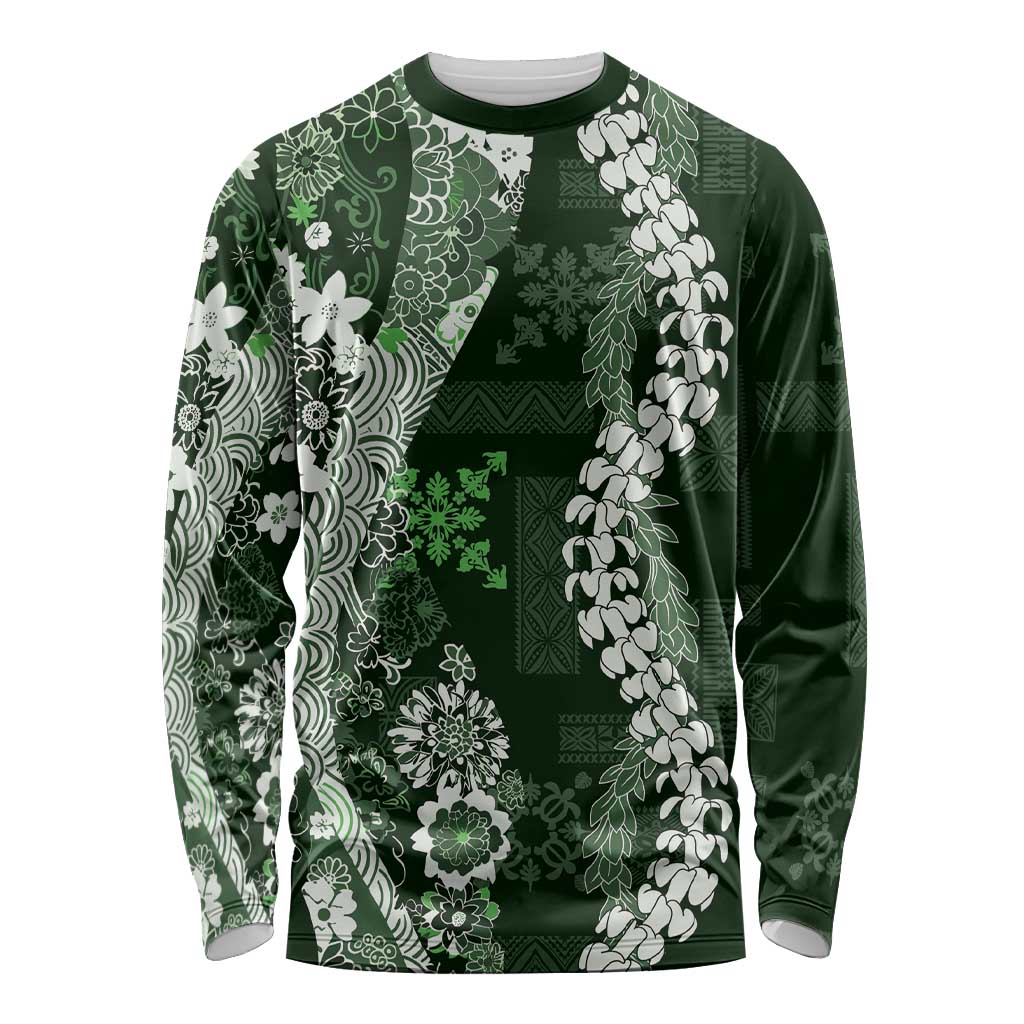 Hawaii Puakenikeni and Maile Lei Long Sleeve Shirt Green Japanese Wave Style - Polynesian Pride
