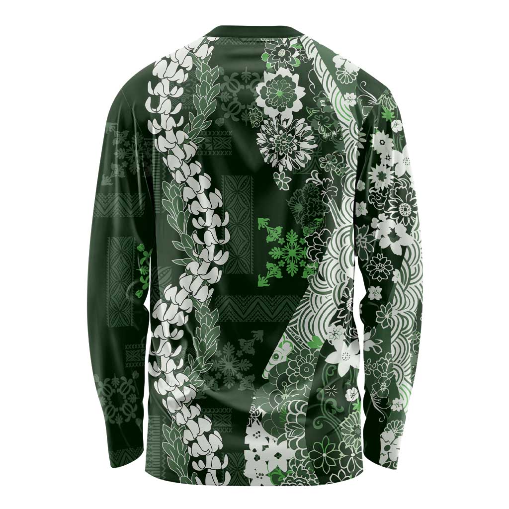 Hawaii Puakenikeni and Maile Lei Long Sleeve Shirt Green Japanese Wave Style - Polynesian Pride