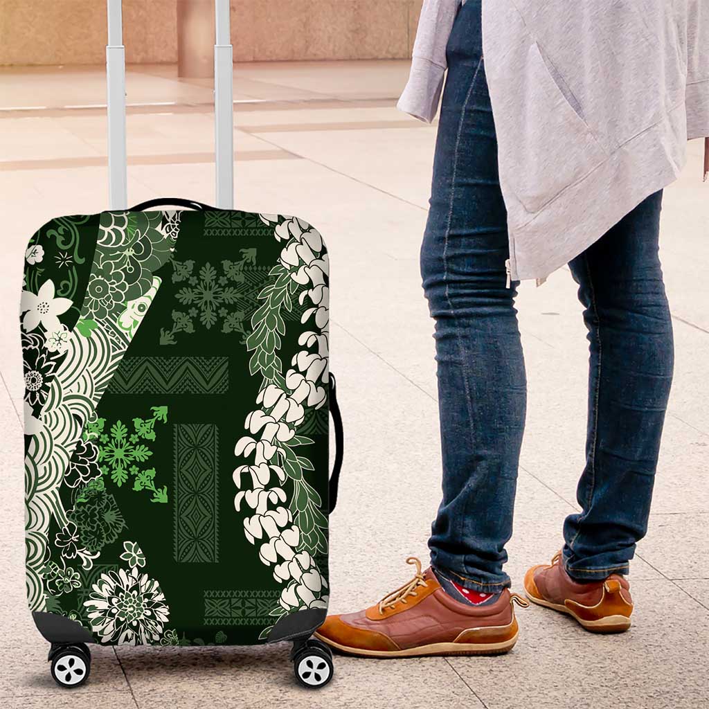 Hawaii Puakenikeni and Maile Lei Luggage Cover Green Japanese Wave Style - Polynesian Pride