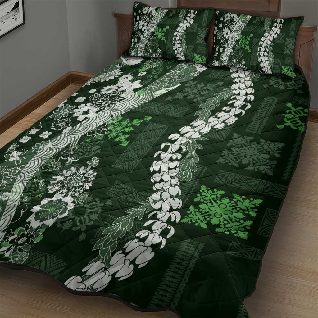 Hawaii Puakenikeni and Maile Lei Quilt Bed Set Green Japanese Wave Style - Polynesian Pride