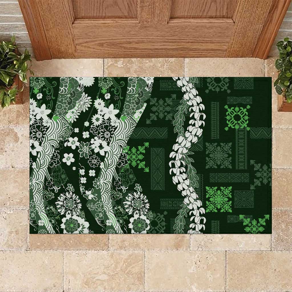 Hawaii Puakenikeni and Maile Lei Rubber Doormat Green Japanese Wave Style - Polynesian Pride