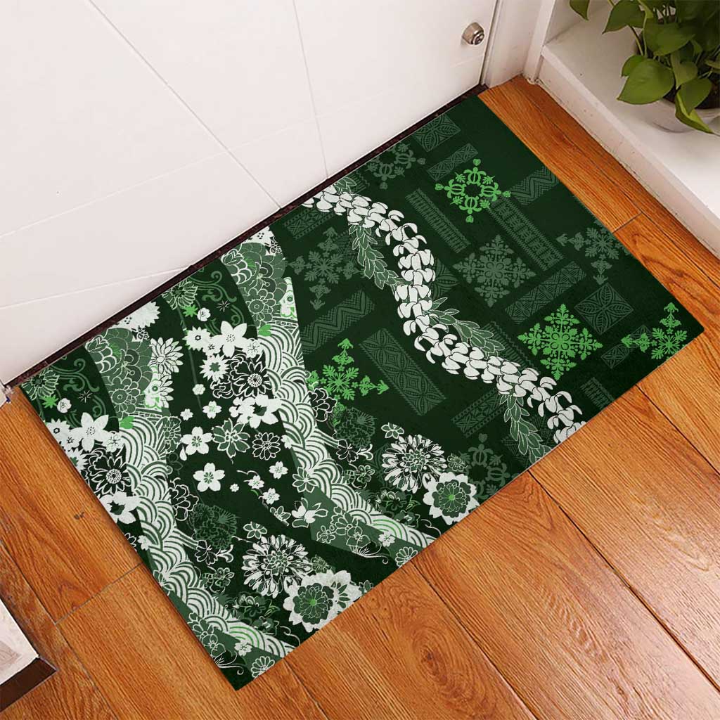 Hawaii Puakenikeni and Maile Lei Rubber Doormat Green Japanese Wave Style - Polynesian Pride