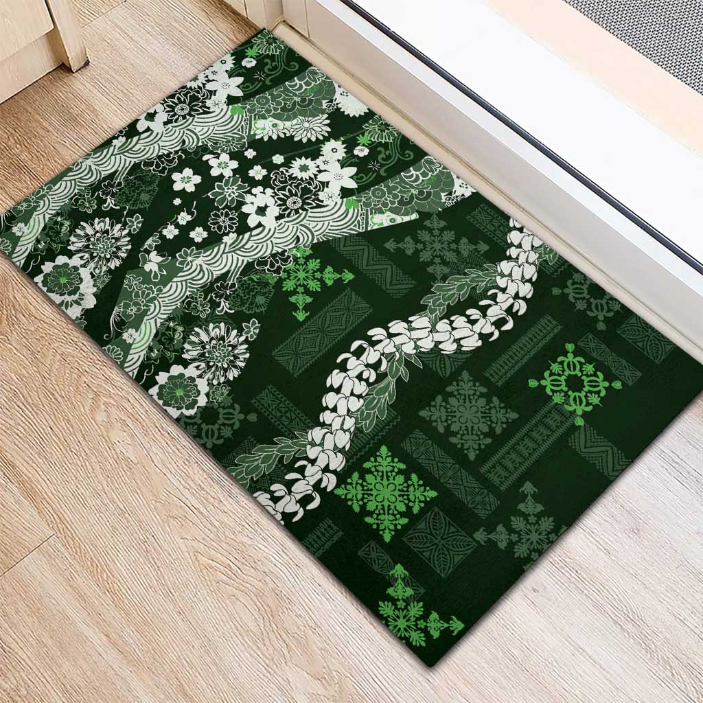 Hawaii Puakenikeni and Maile Lei Rubber Doormat Green Japanese Wave Style - Polynesian Pride
