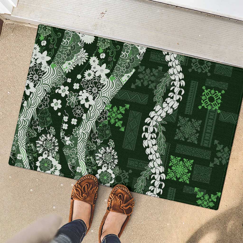 Hawaii Puakenikeni and Maile Lei Rubber Doormat Green Japanese Wave Style - Polynesian Pride