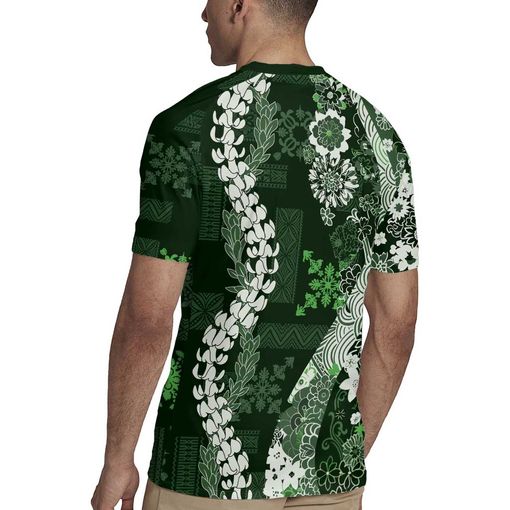 Hawaii Puakenikeni and Maile Lei Rugby Jersey Green Japanese Wave Style - Polynesian Pride