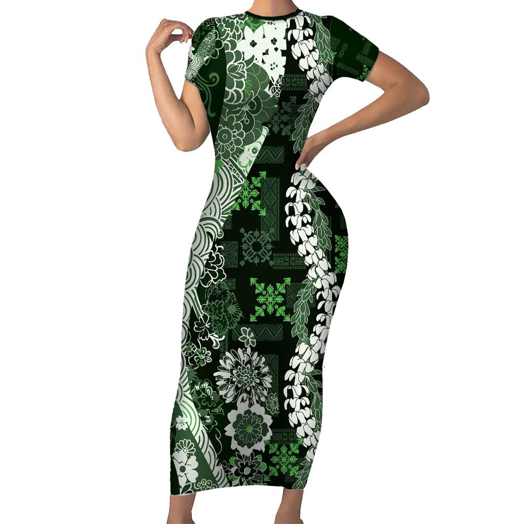 Hawaii Puakenikeni and Maile Lei Short Sleeve Bodycon Dress Green Japanese Wave Style - Polynesian Pride