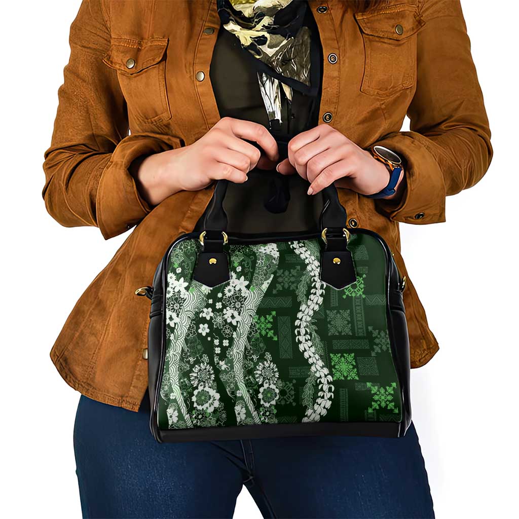 Hawaii Puakenikeni and Maile Lei Shoulder Handbag Green Japanese Wave Style - Polynesian Pride