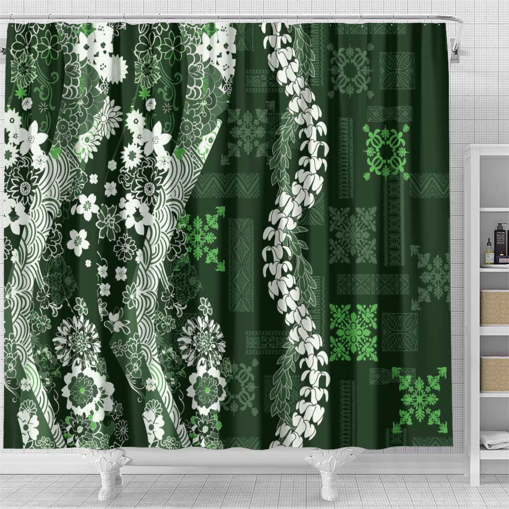 Hawaii Puakenikeni and Maile Lei Shower Curtain Green Japanese Wave Style - Polynesian Pride