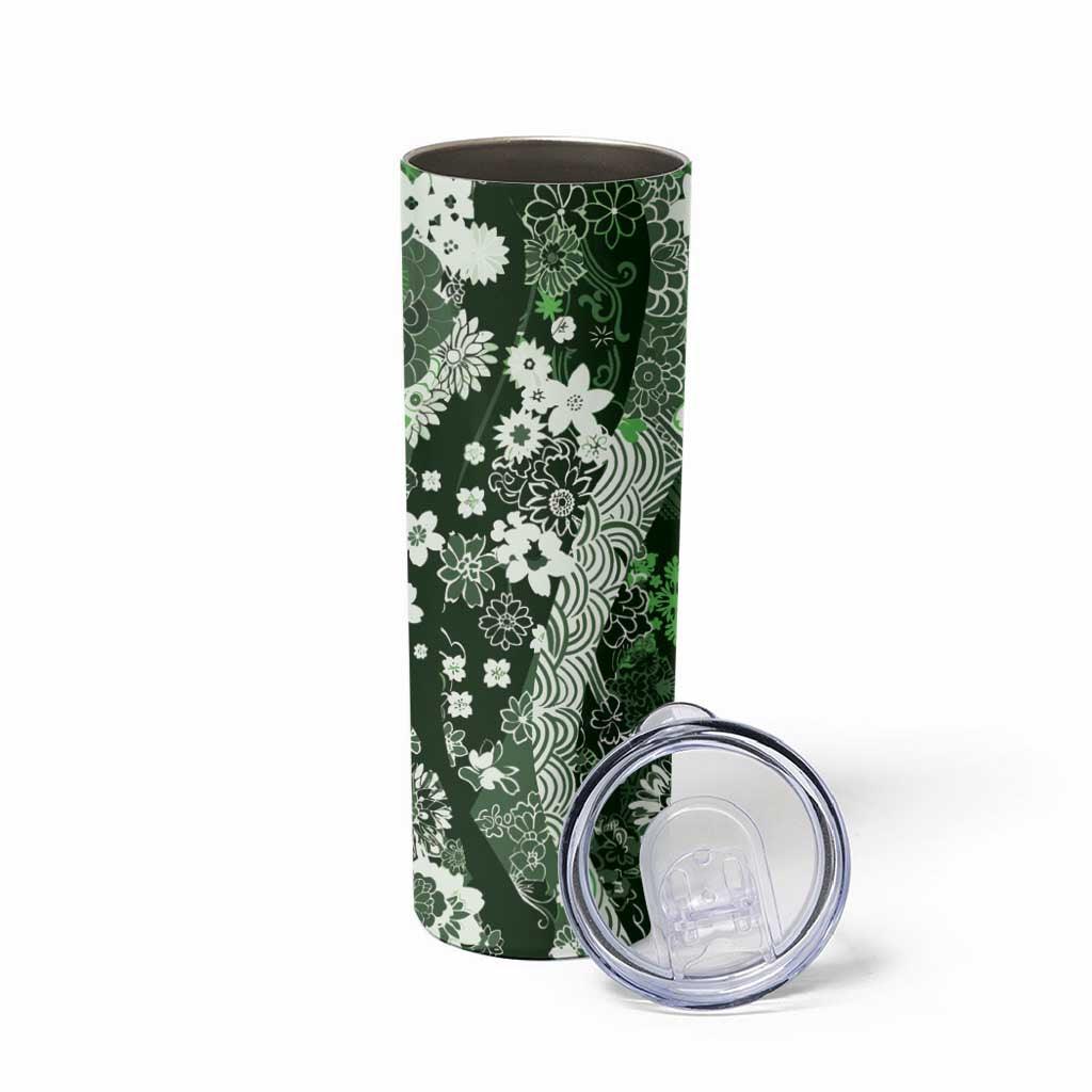 Hawaii Puakenikeni and Maile Lei Skinny Tumbler Green Japanese Wave Style - Polynesian Pride