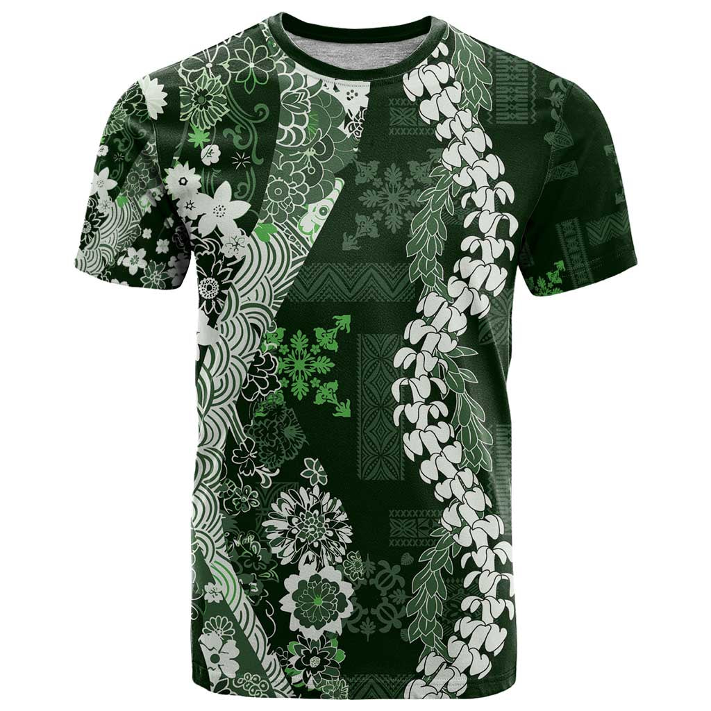 Hawaii Puakenikeni and Maile Lei T Shirt Green Japanese Wave Style - Polynesian Pride