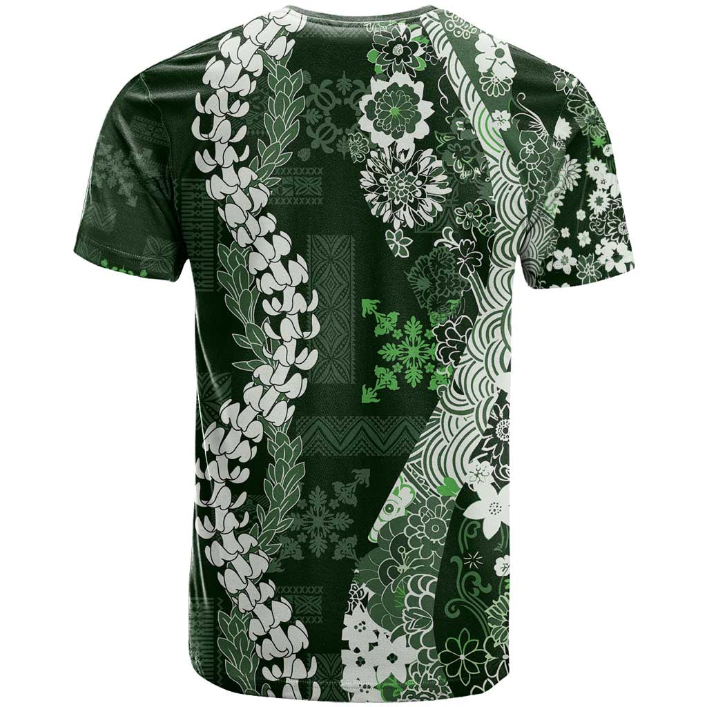 Hawaii Puakenikeni and Maile Lei T Shirt Green Japanese Wave Style - Polynesian Pride
