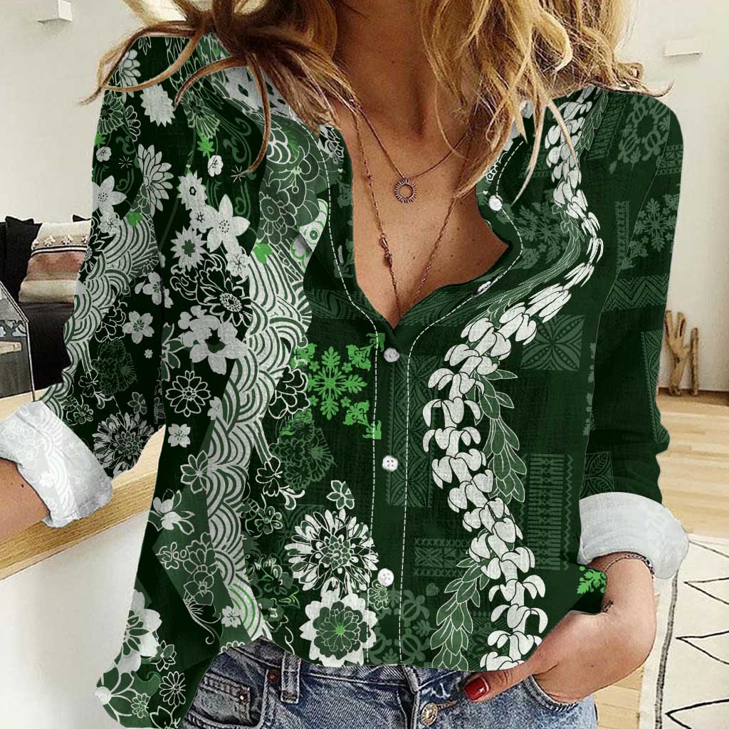 Hawaii Puakenikeni and Maile Lei Women Casual Shirt Green Japanese Wave Style - Polynesian Pride