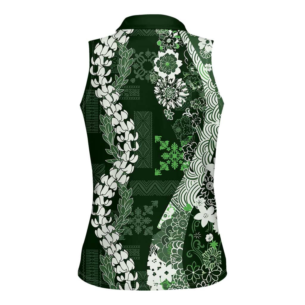 Hawaii Puakenikeni and Maile Lei Women Sleeveless Polo Shirt Green Japanese Wave Style - Polynesian Pride