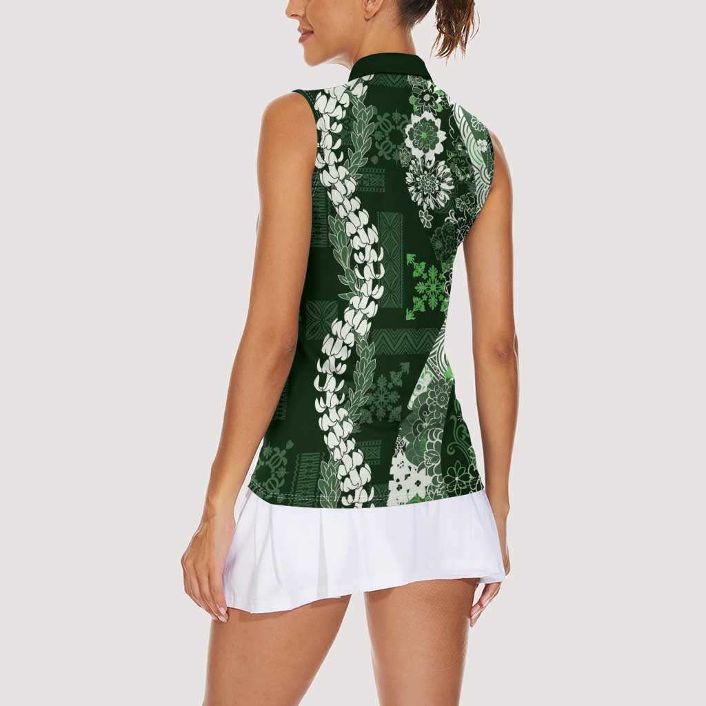 Hawaii Puakenikeni and Maile Lei Women Sleeveless Polo Shirt Green Japanese Wave Style - Polynesian Pride