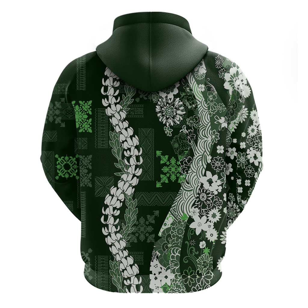 Hawaii Puakenikeni and Maile Lei Zip Hoodie Green Japanese Wave Style LT9 - Polynesian Pride