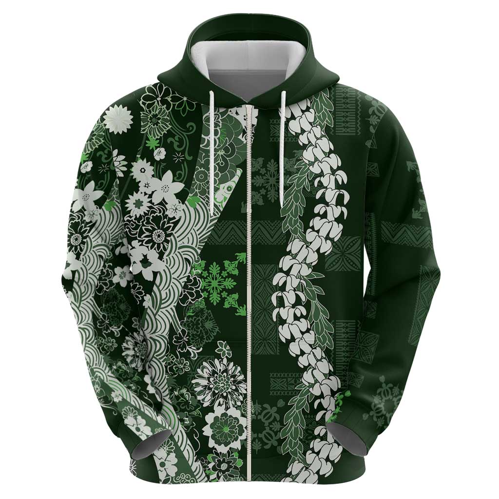 Hawaii Puakenikeni and Maile Lei Zip Hoodie Green Japanese Wave Style LT9 - Polynesian Pride