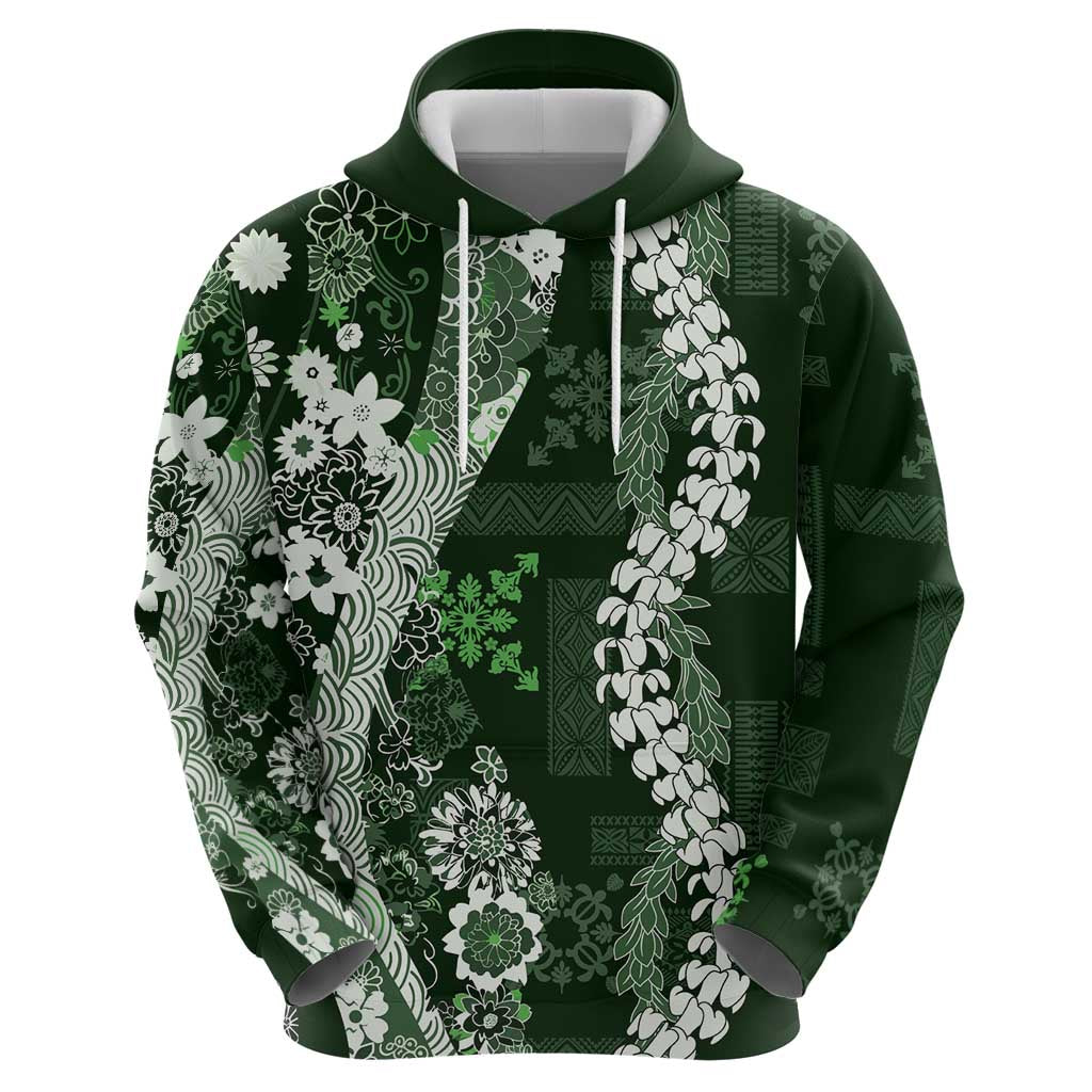 Hawaii Puakenikeni and Maile Lei Zip Hoodie Green Japanese Wave Style LT9 - Polynesian Pride