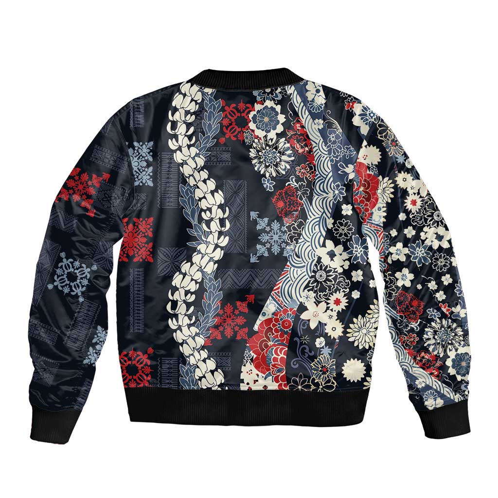 Hawaii Puakenikeni and Maile Lei Bomber Jacket Navy Blue Japanese Wave Style - Polynesian Pride
