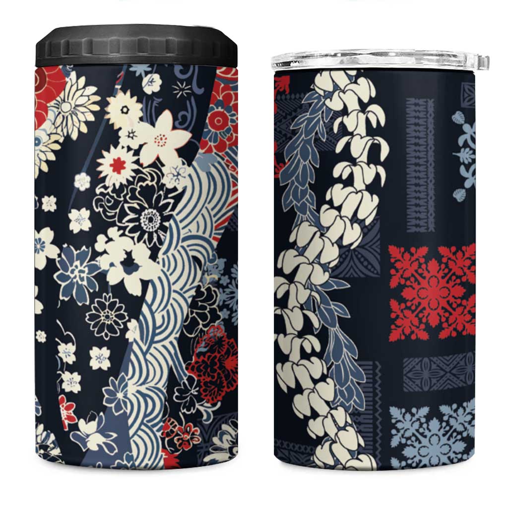 Hawaii Puakenikeni and Maile Lei 4 in 1 Can Cooler Tumbler Navy Blue Japanese Wave Style - Polynesian Pride