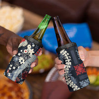 Hawaii Puakenikeni and Maile Lei 4 in 1 Can Cooler Tumbler Navy Blue Japanese Wave Style - Polynesian Pride