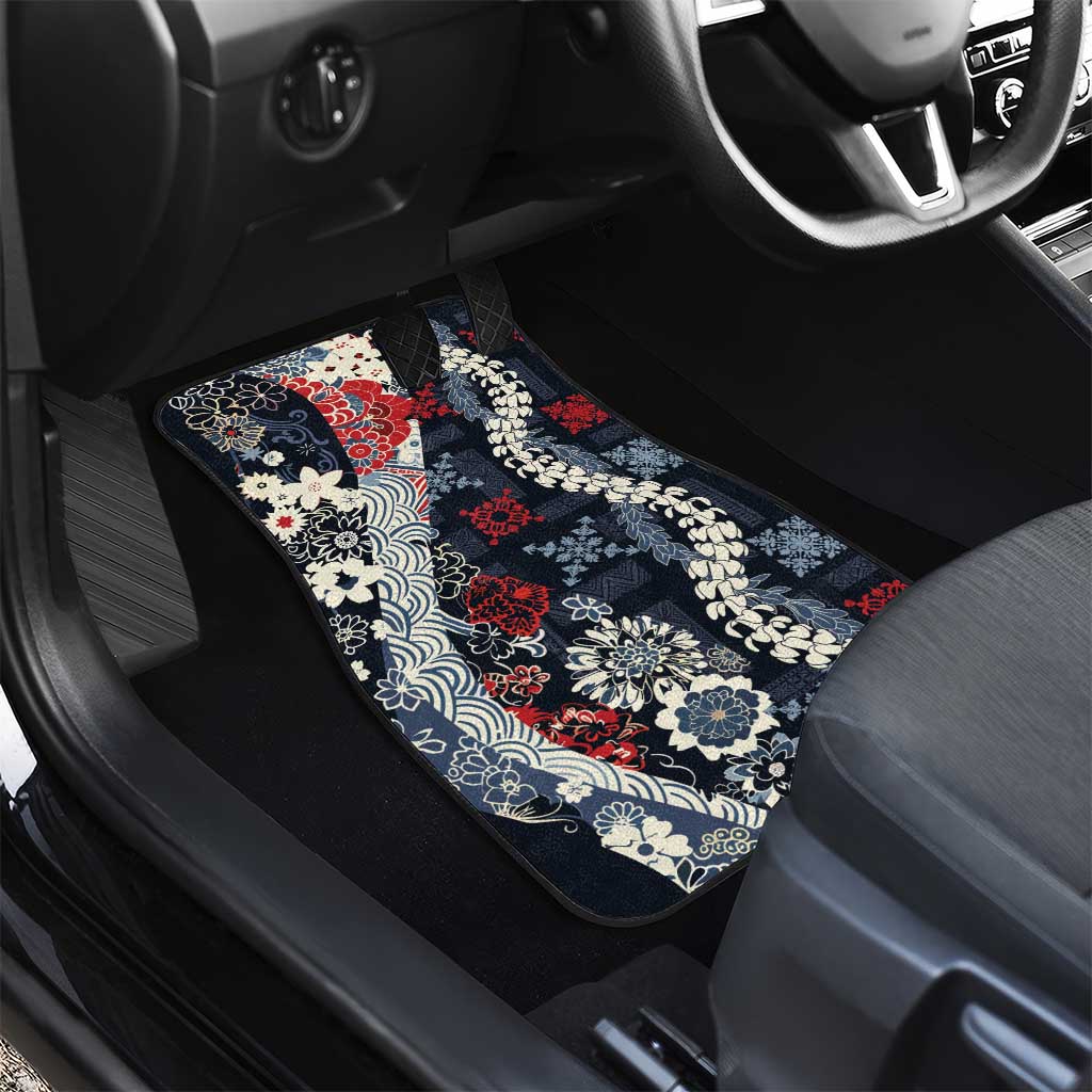 Hawaii Puakenikeni and Maile Lei Car Mats Navy Blue Japanese Wave Style - Polynesian Pride