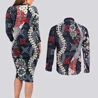 Hawaii Puakenikeni and Maile Lei Couples Matching Long Sleeve Bodycon Dress and Long Sleeve Button Shirt Navy Blue Japanese Wave Style - Polynesian Pride