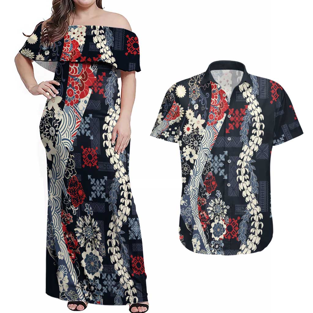 Hawaii Puakenikeni and Maile Lei Couples Matching Off Shoulder Maxi Dress and Hawaiian Shirt Navy Blue Japanese Wave Style - Polynesian Pride
