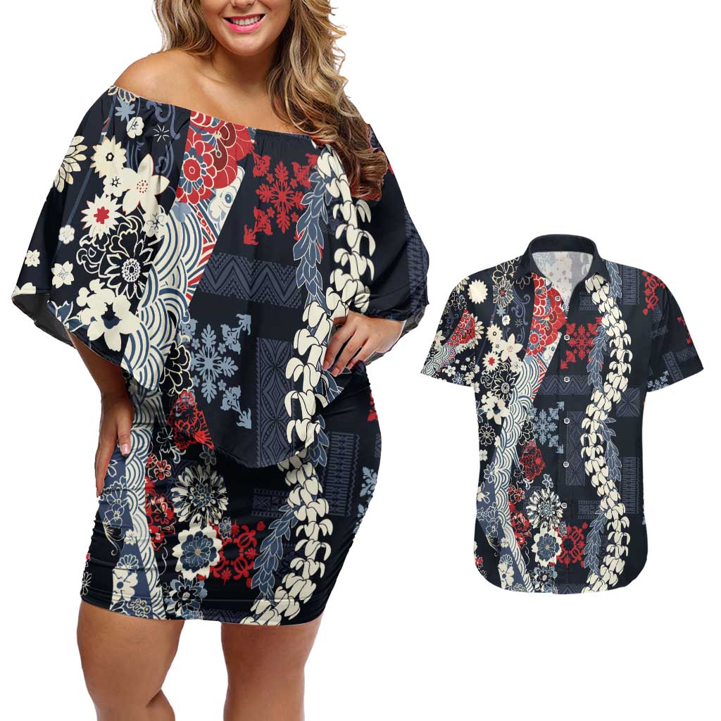 Hawaii Puakenikeni and Maile Lei Couples Matching Off Shoulder Short Dress and Hawaiian Shirt Navy Blue Japanese Wave Style - Polynesian Pride