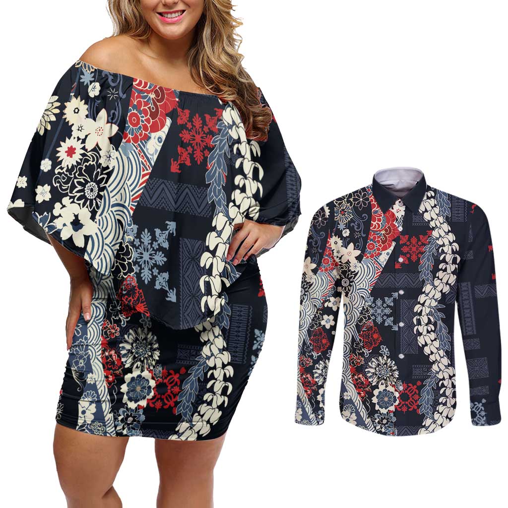 Hawaii Puakenikeni and Maile Lei Couples Matching Off Shoulder Short Dress and Long Sleeve Button Shirt Navy Blue Japanese Wave Style - Polynesian Pride