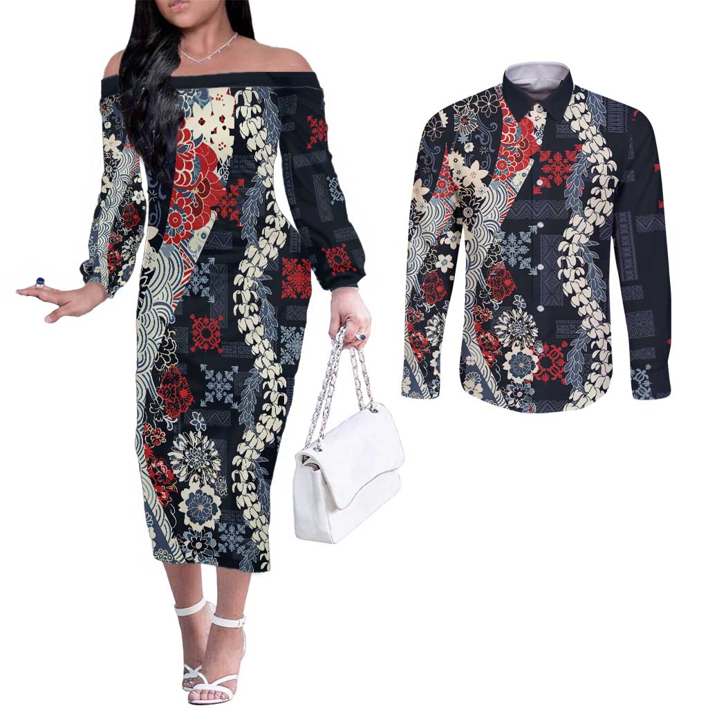 Hawaii Puakenikeni and Maile Lei Couples Matching Off The Shoulder Long Sleeve Dress and Long Sleeve Button Shirt Navy Blue Japanese Wave Style - Polynesian Pride