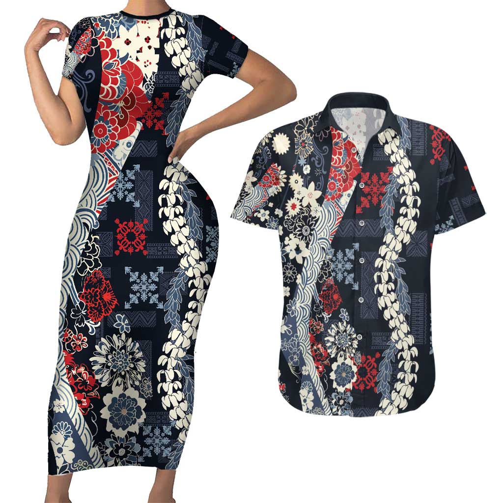 Hawaii Puakenikeni and Maile Lei Couples Matching Short Sleeve Bodycon Dress and Hawaiian Shirt Navy Blue Japanese Wave Style - Polynesian Pride