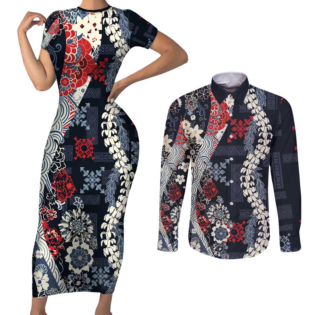 Hawaii Puakenikeni and Maile Lei Couples Matching Short Sleeve Bodycon Dress and Long Sleeve Button Shirt Navy Blue Japanese Wave Style - Polynesian Pride