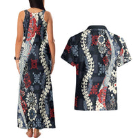 Hawaii Puakenikeni and Maile Lei Couples Matching Tank Maxi Dress and Hawaiian Shirt Navy Blue Japanese Wave Style - Polynesian Pride