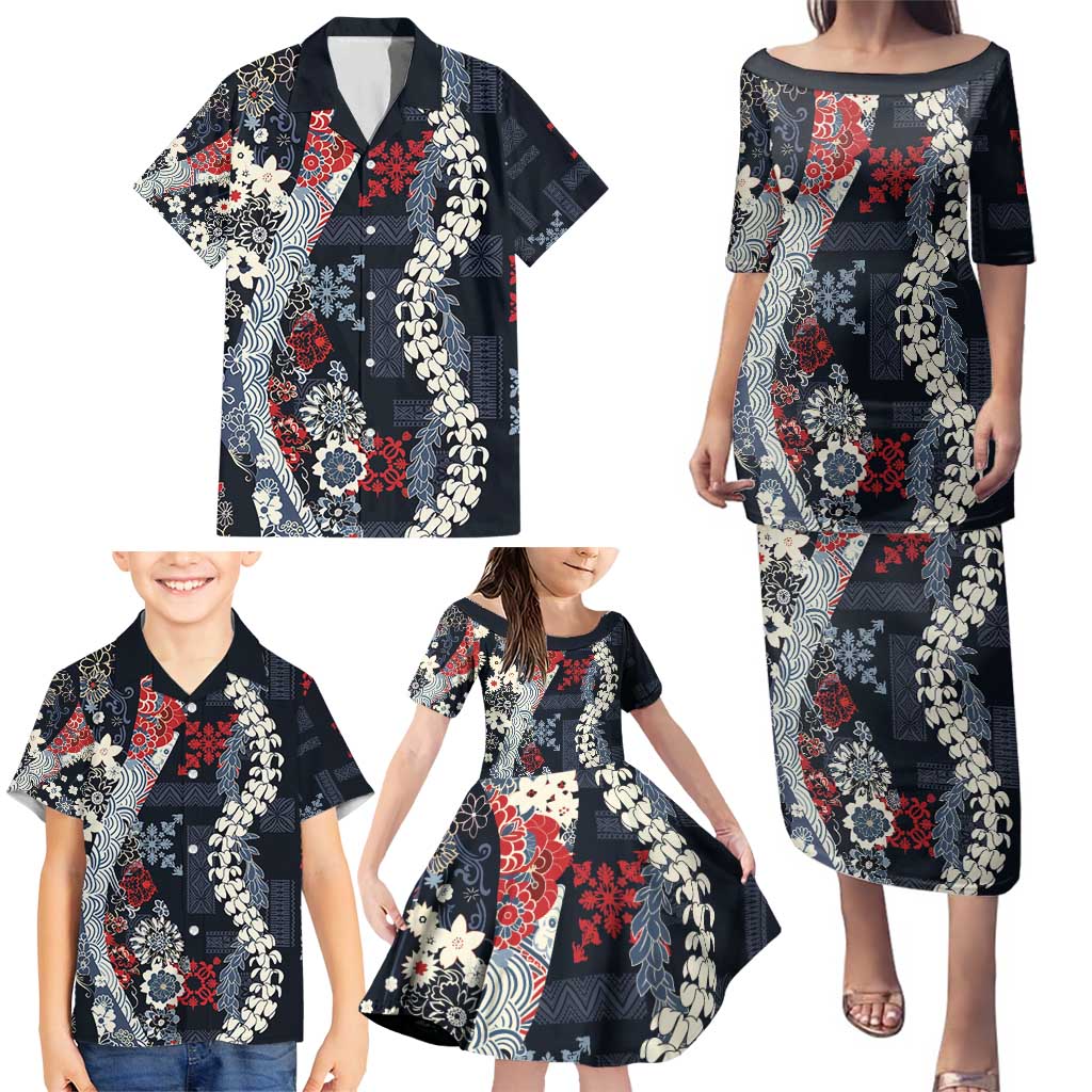 Hawaii Puakenikeni and Maile Lei Family Matching Puletasi and Hawaiian Shirt Navy Blue Japanese Wave Style - Polynesian Pride