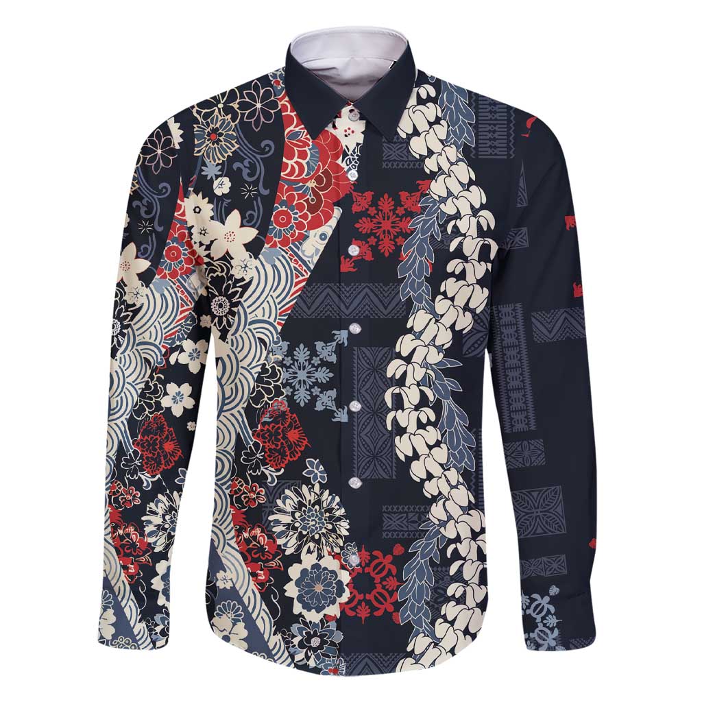 Hawaii Puakenikeni and Maile Lei Family Matching Short Sleeve Bodycon Dress and Hawaiian Shirt Navy Blue Japanese Wave Style - Polynesian Pride